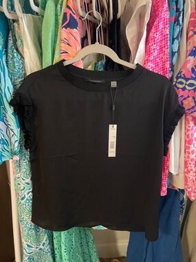 T Tahari Black Ruffle Sleeve Short-Sleeve Blouse